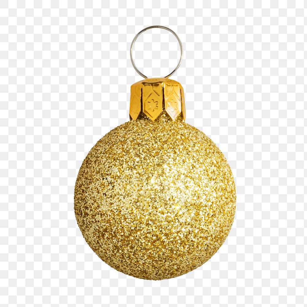 A glitter gold ball Christmas ornament on transparent