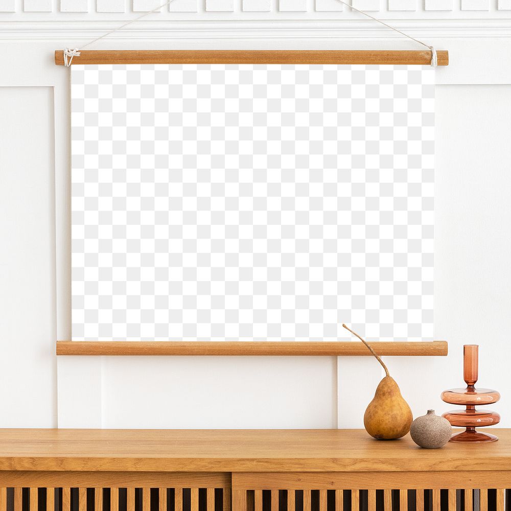 Poster hanger mockup over a wooden sideboard table