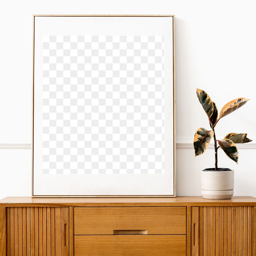 Picture frame mockup on a wooden sideboard table