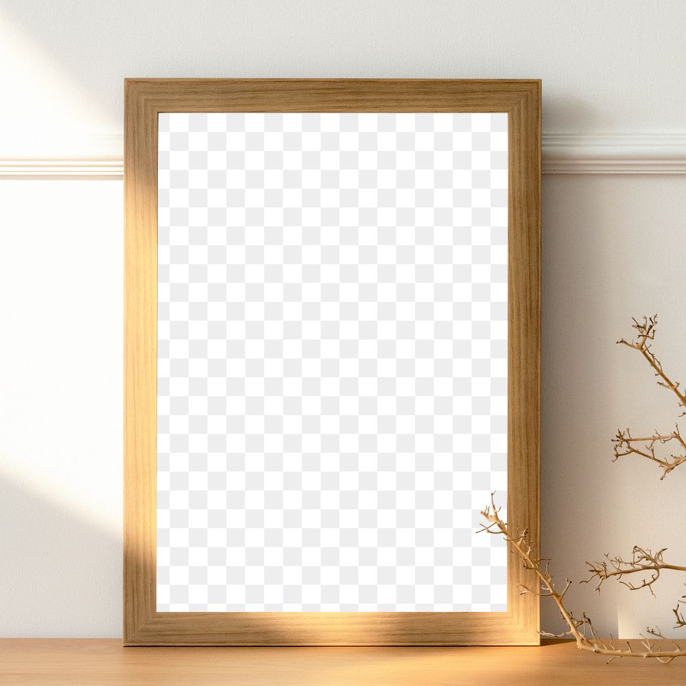 Picture frame mockup on a wooden sideboard table