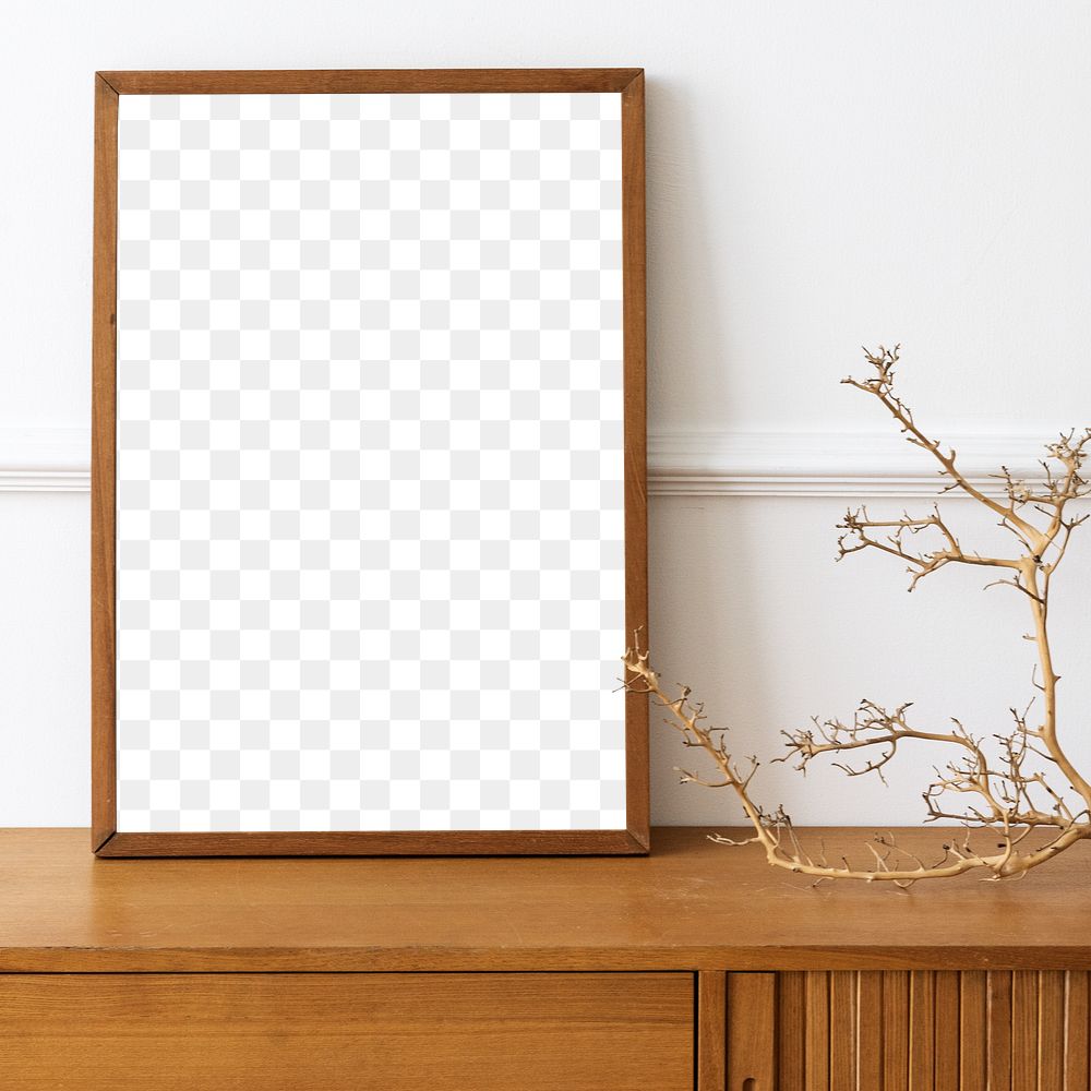 Picture frame mockup on a wooden sideboard table