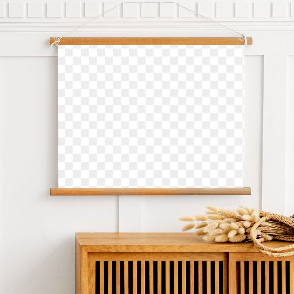 Blank picture frame on a wooden cabinet