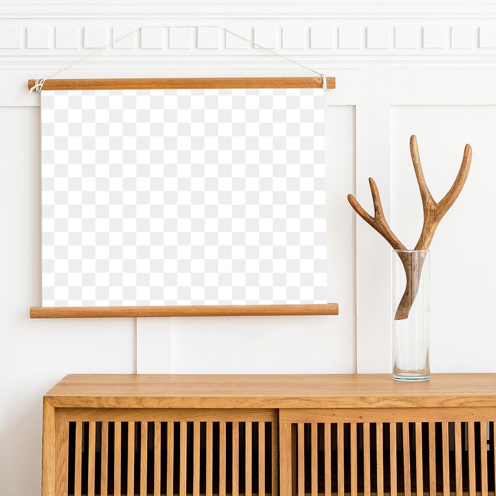 Blank picture frame on a wooden cabinet