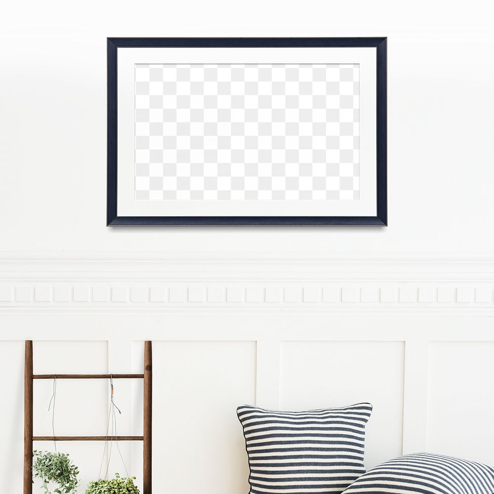 Black picture frame mockup hanging on a white wall