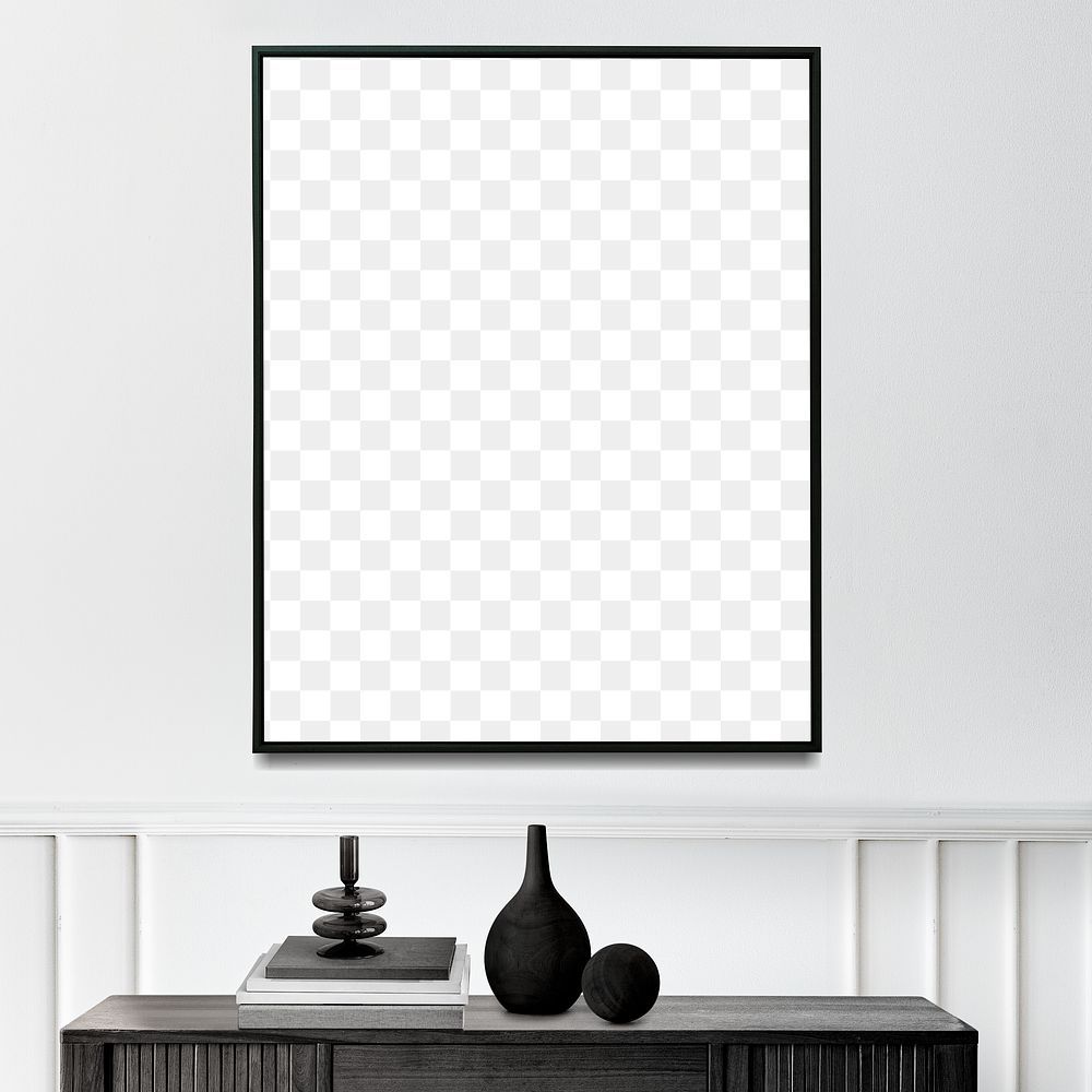 Picture frame mockup over a wooden sideboard table with a black flower vase 