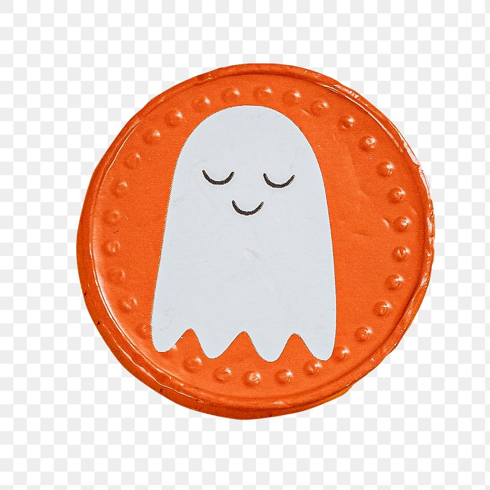 Halloween ghost on an orange badge sticker design element 
