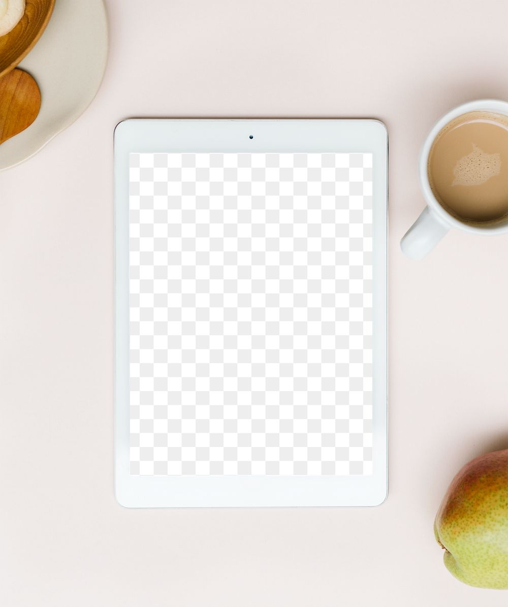 Tablet mockup on a pink table flatlay transparent png