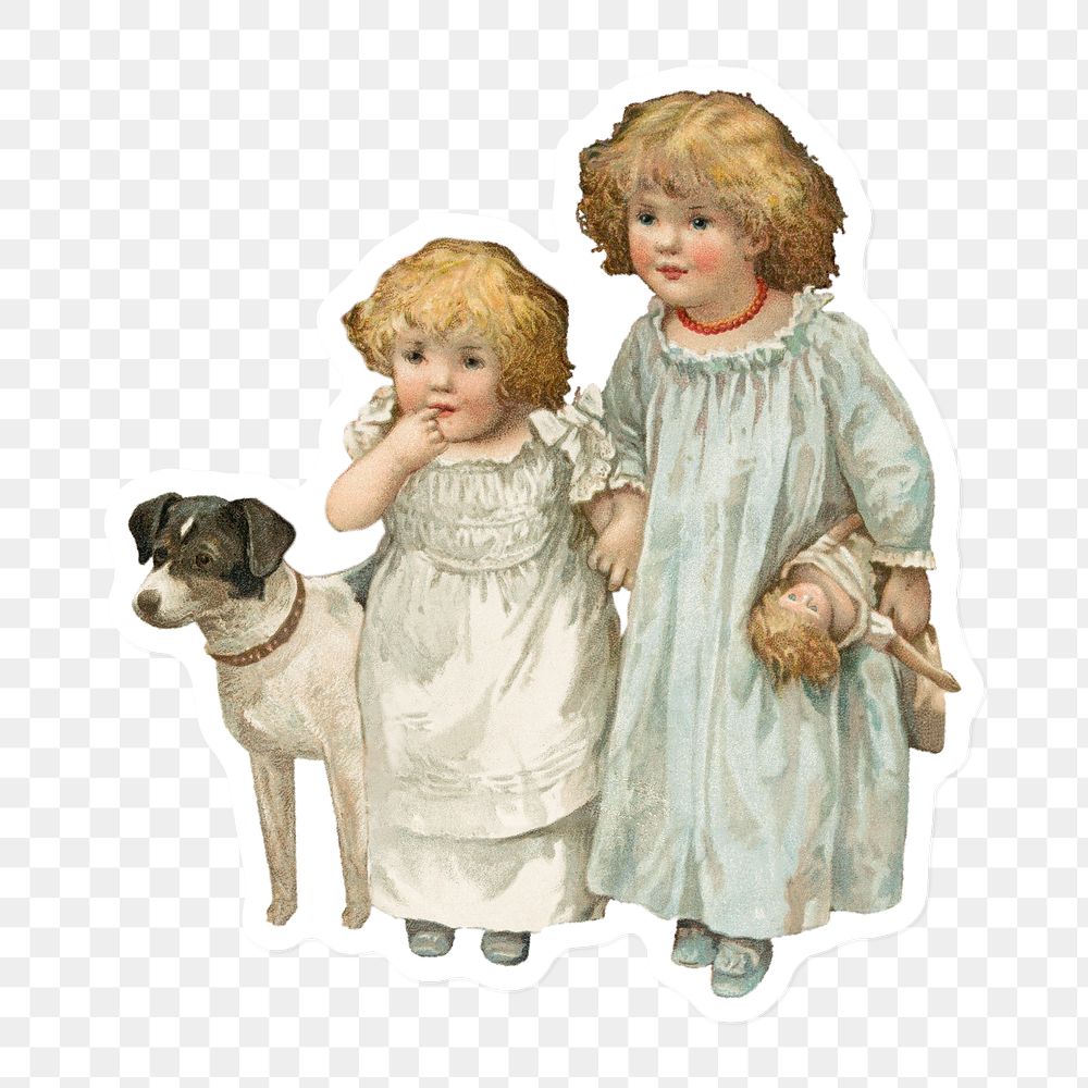 Vintage hand drawn children and dog sticker with white border