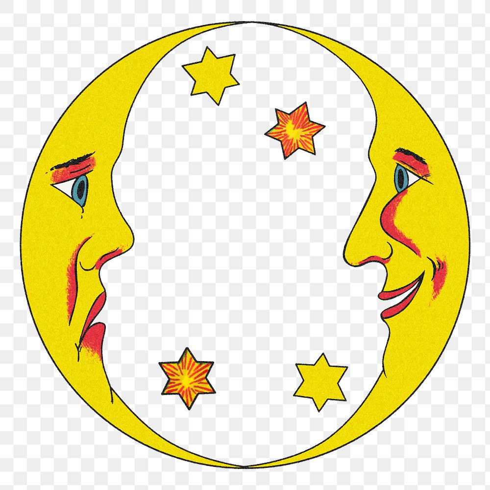 Celestial double crescent moon face with stars design element