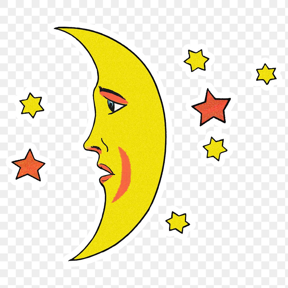 Celestial crescent moon face with stars sticker with white border
