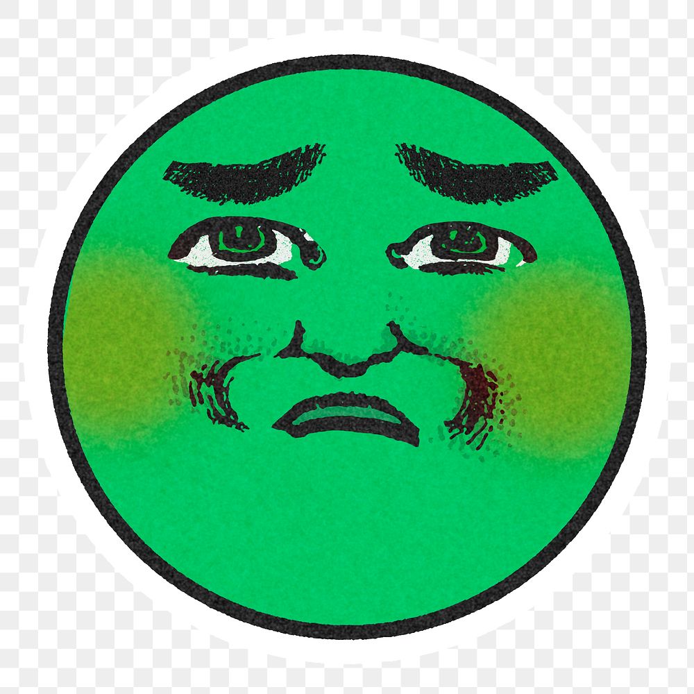 Vintage green round sick emoji sticker with white border