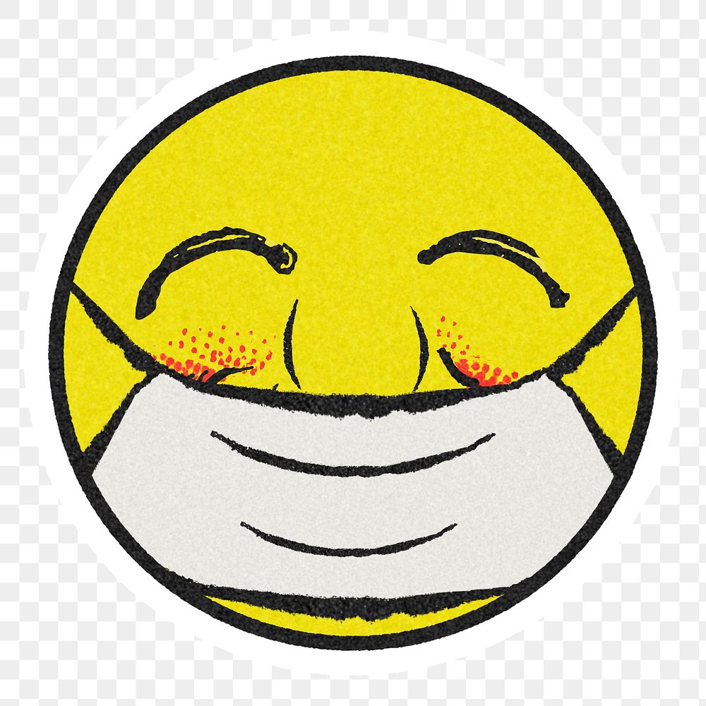 Vintage yellow round emoji with face mask sticker with white border