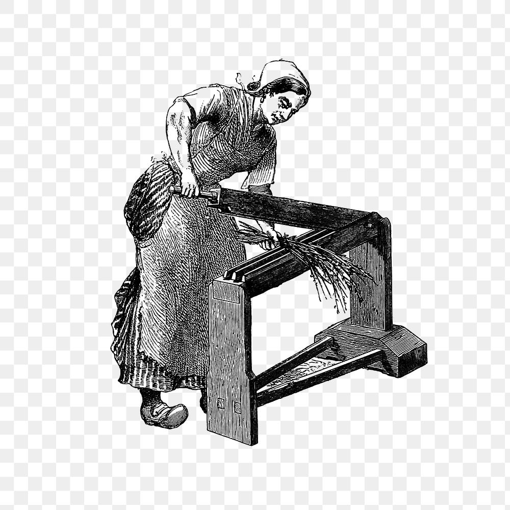 PNG European woman working with vintage scutcher machine engraving, transparent background