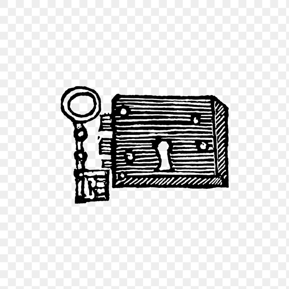PNG Drawing of a lock and key, transparent background
