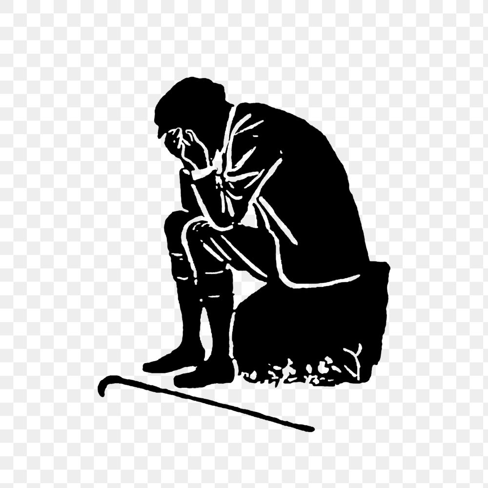 PNG Drawing of a crying man in silhouette, transparent background