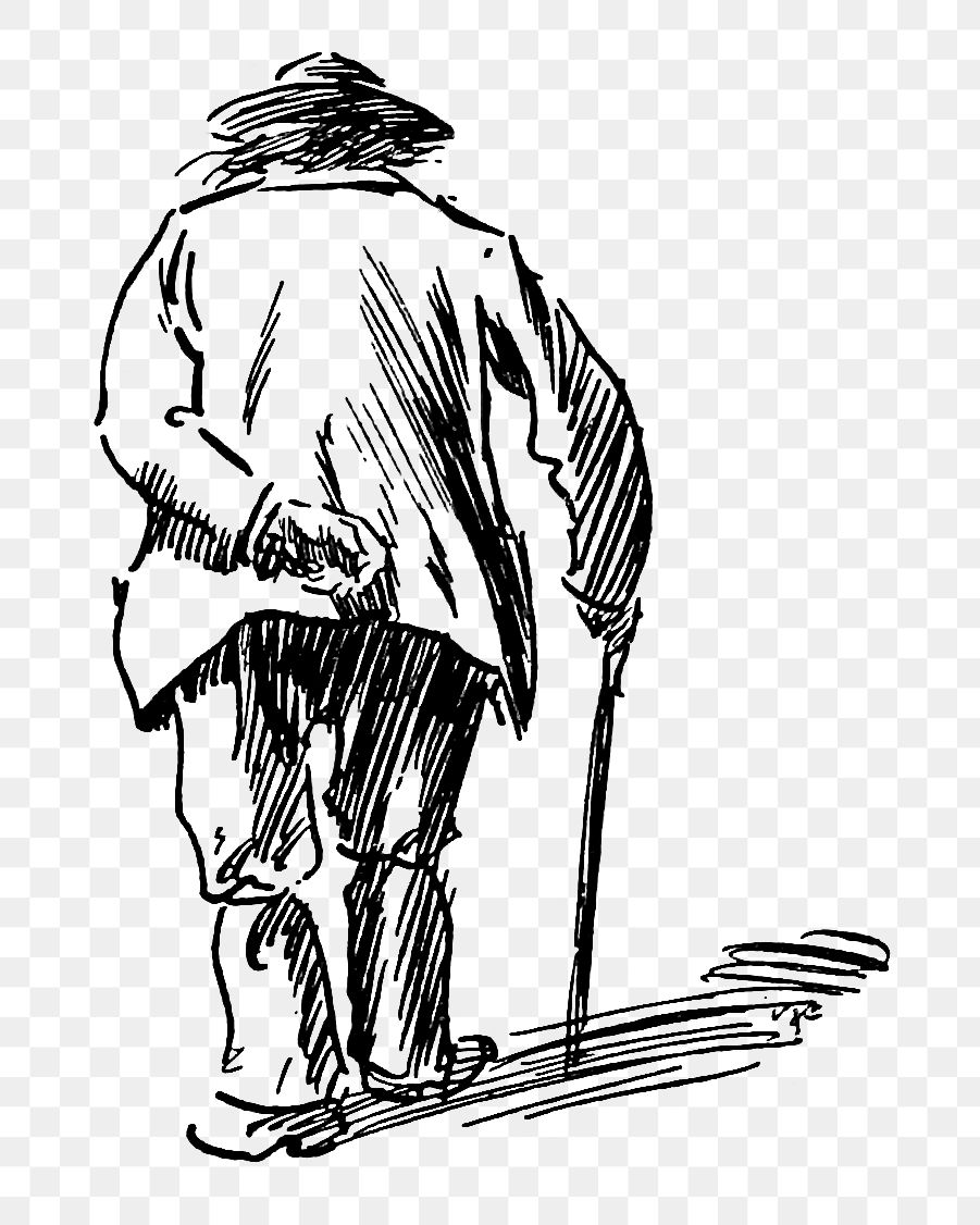 PNG Drawing of an elderly man's back, transparent background