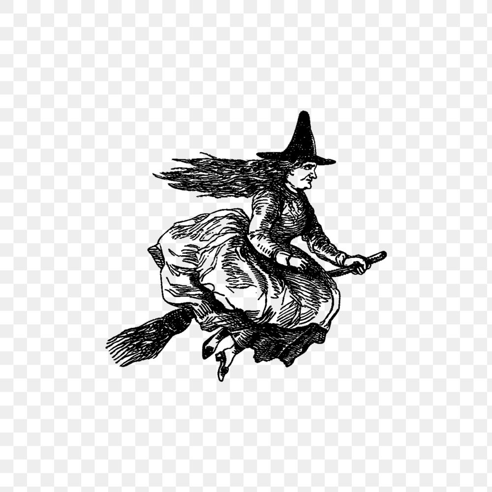PNG Drawing of a witch riding a broomstick, transparent background