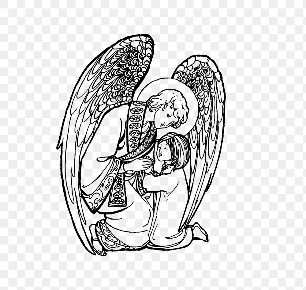 PNG Drawing of a kid praying to an angel, transparent background