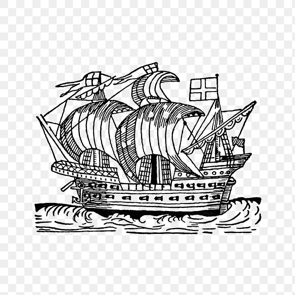 PNG Drawing of a ship in a sea, transparent background
