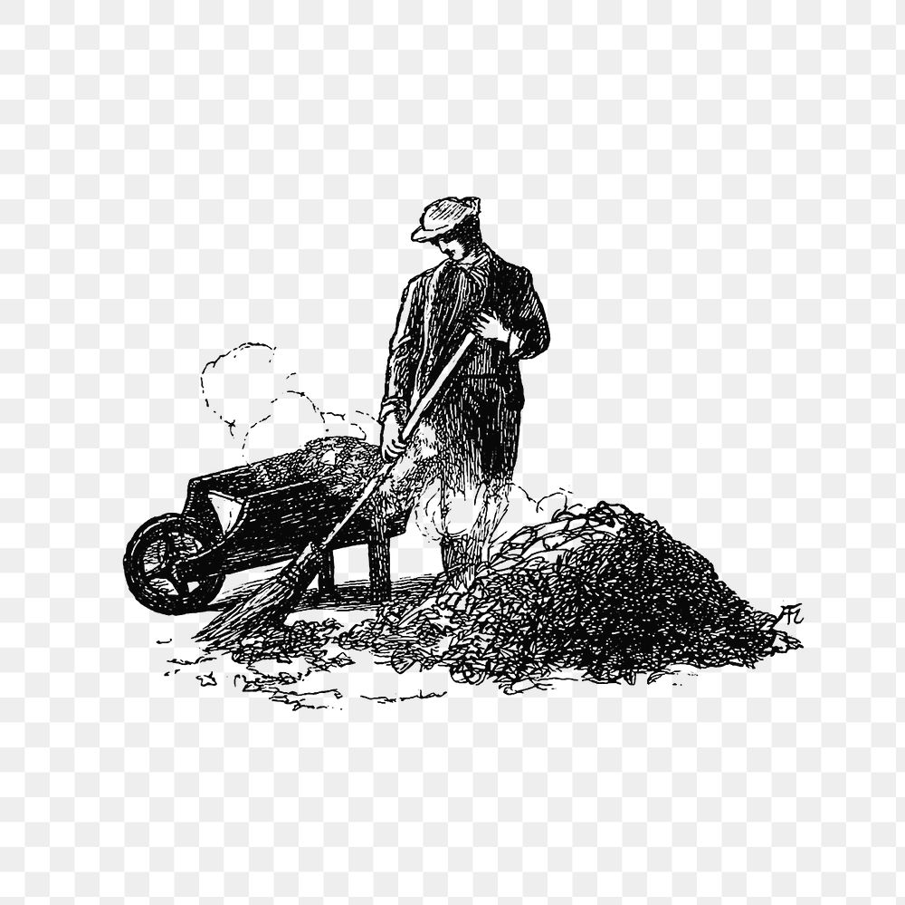 PNG Drawing of a man sweeping a garden, transparent background