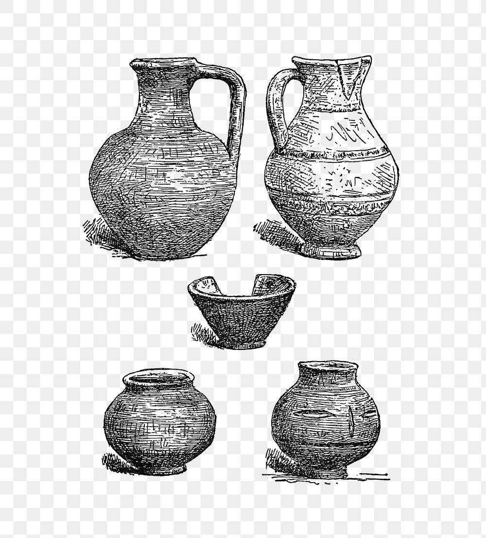 PNG Drawing of antique potteries, transparent background