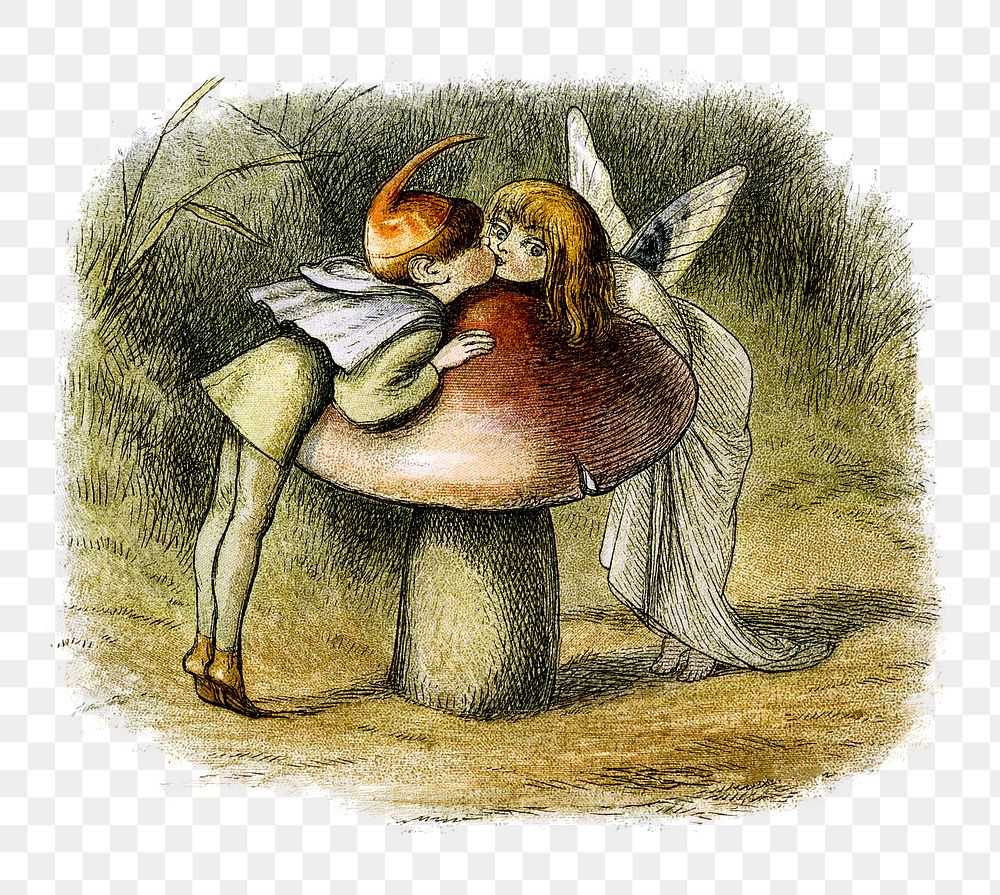 PNG Drawing of angels kissing over a mushroom, transparent background
