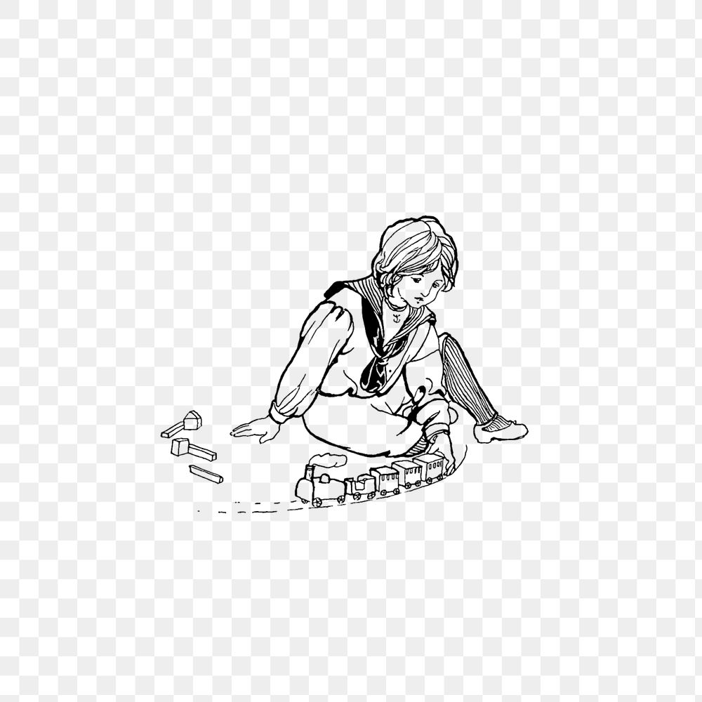 PNG Drawing of a kid playing train toys, transparent background