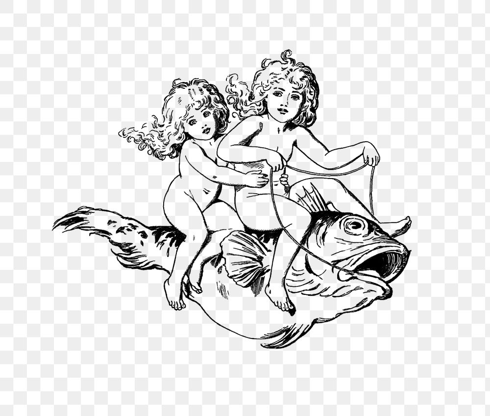 PNG Drawing of kids riding a fish, transparent background