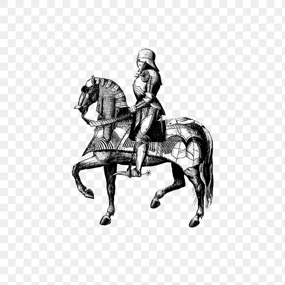 PNG Vintage Victorian style armored knight riding a horse engraving, transparent background