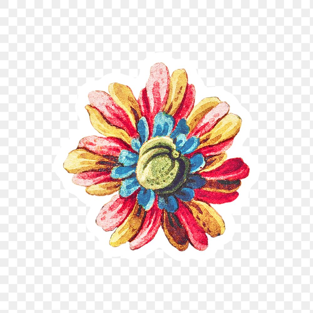 Vintage colorful flower sticker with white border