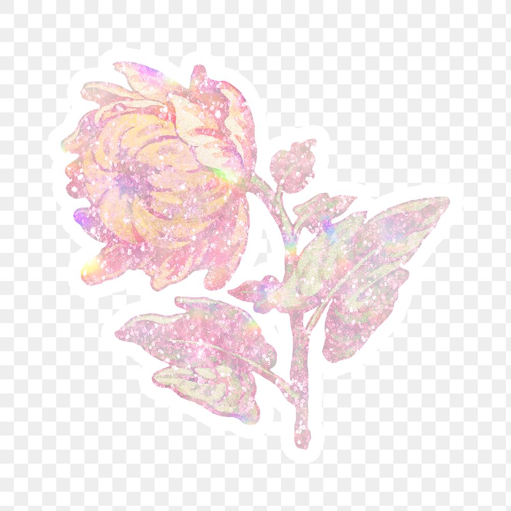 Vintage pink holographic flower sticker with white border