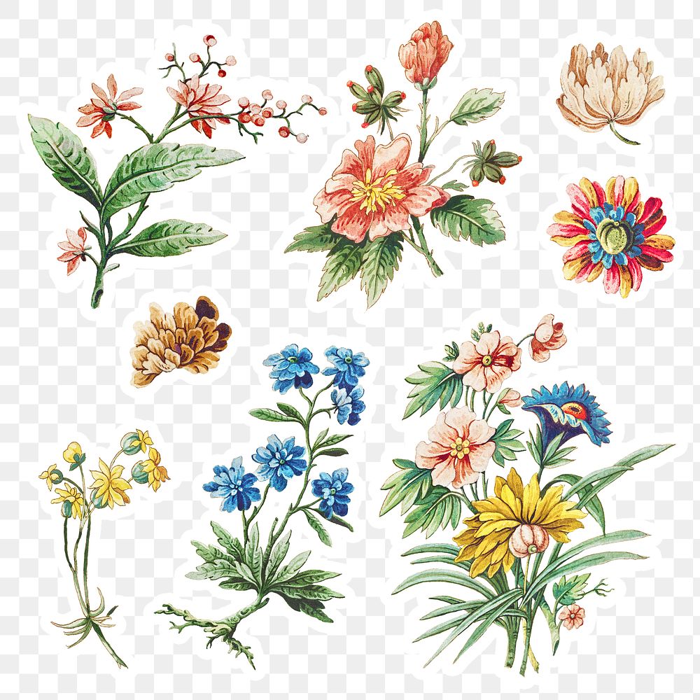 Vintage blooming flower sticker set design elements