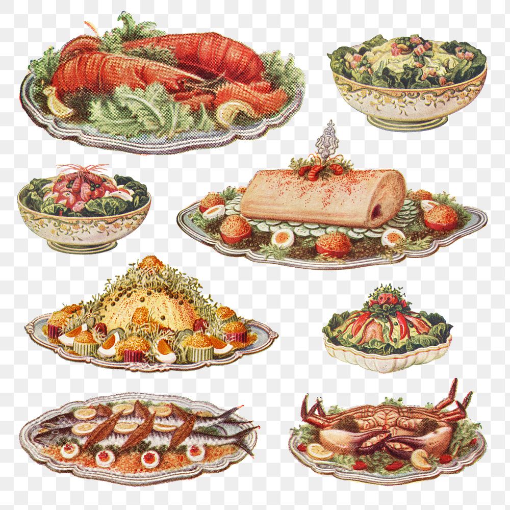 Hand drawn set of seafood dishes design resources