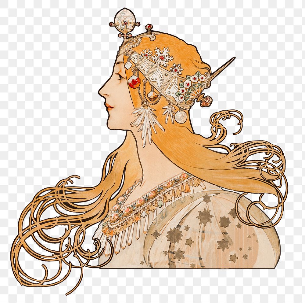 Art nouveau zodiac woman png illustration, remixed from the artworks of Alphonse Maria Mucha