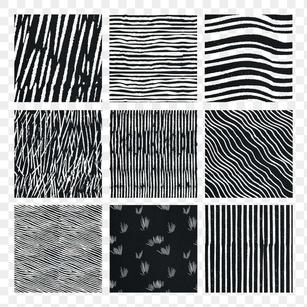 Vintage black white woodcut stripes pattern png background set, remix from artworks by Samuel Jessurun de Mesquita