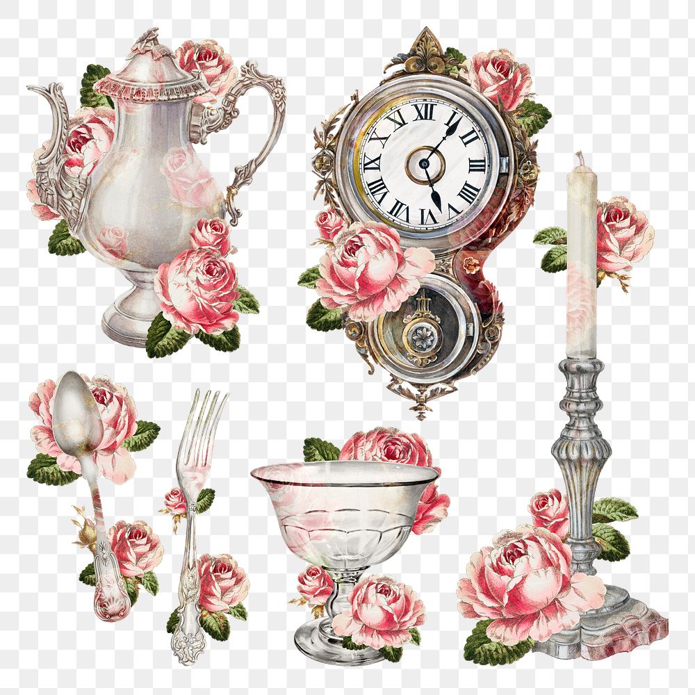 Vintage tea set png illustration, remixed from public domain collection