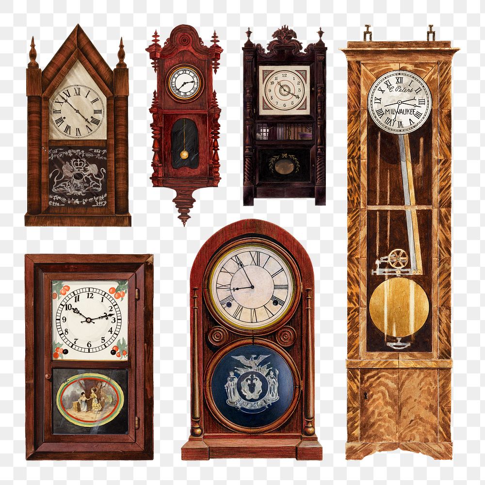 Antique clocks png design element set, remixed from public domain collection