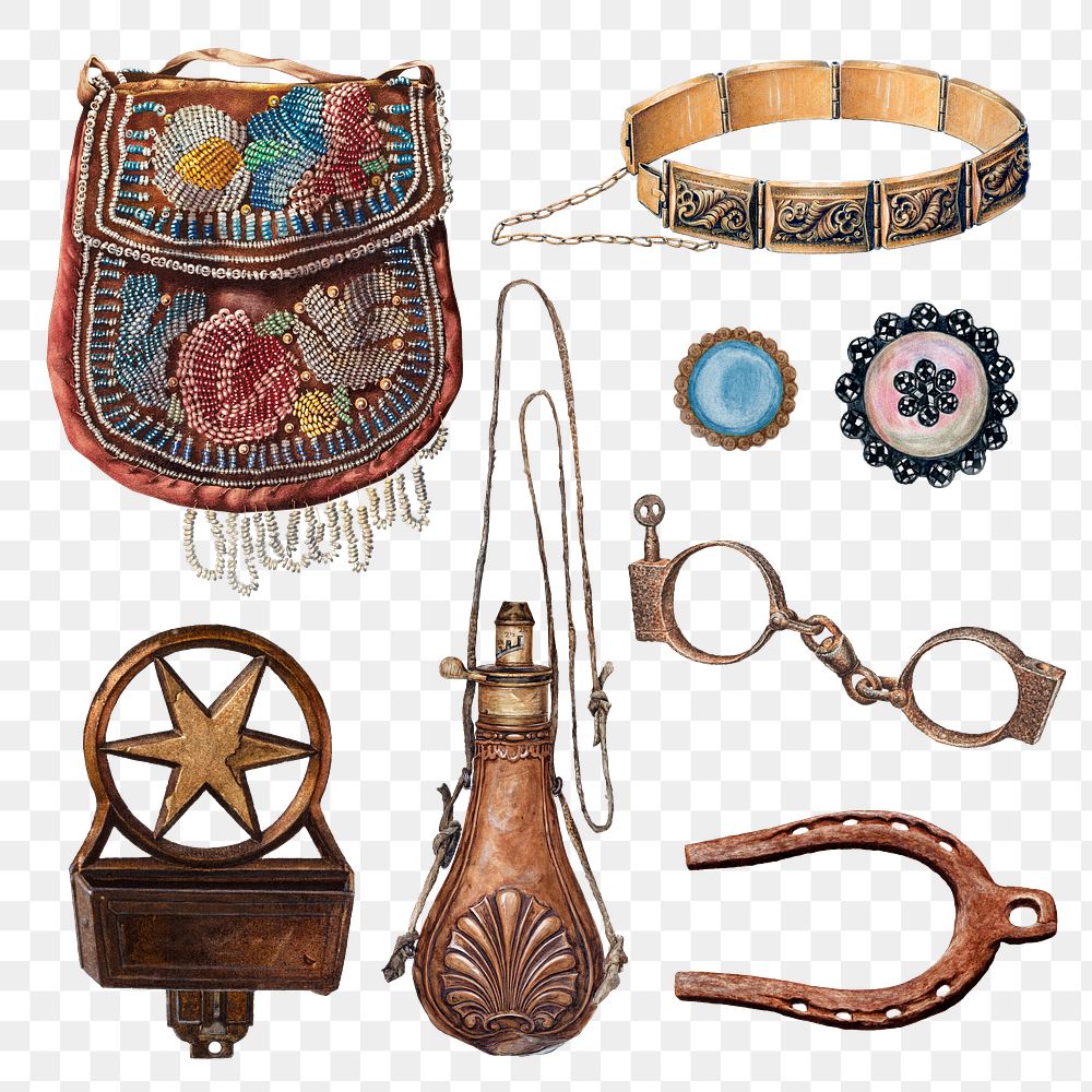 Antique accessories png design element set, remixed from public domain collection