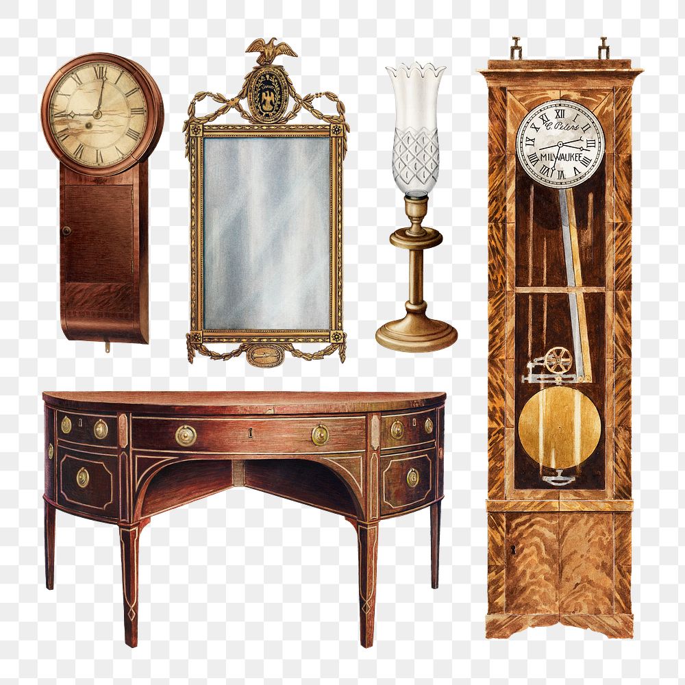 Antique png furniture and decor design element set, remixed from public domain collection