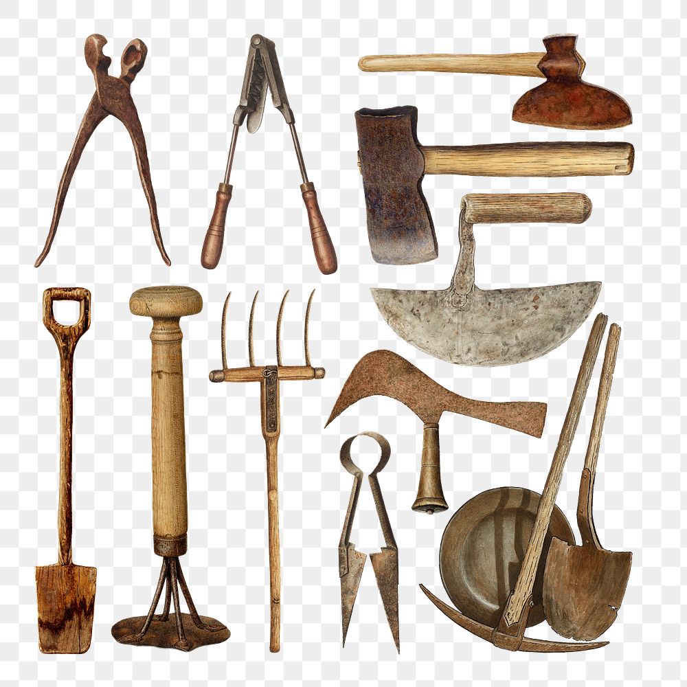 Antique png gardening tools design element set, remixed from public domain collection