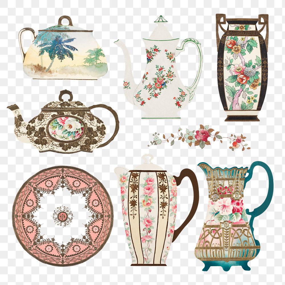 Vintage png floral pattern on tableware png design set, remixed from Noritake factory china porcelain design
