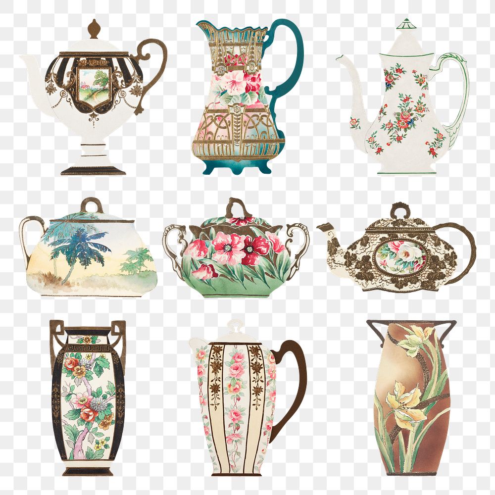 Vintage png floral pattern on tableware design set, remixed from Noritake factory china porcelain design