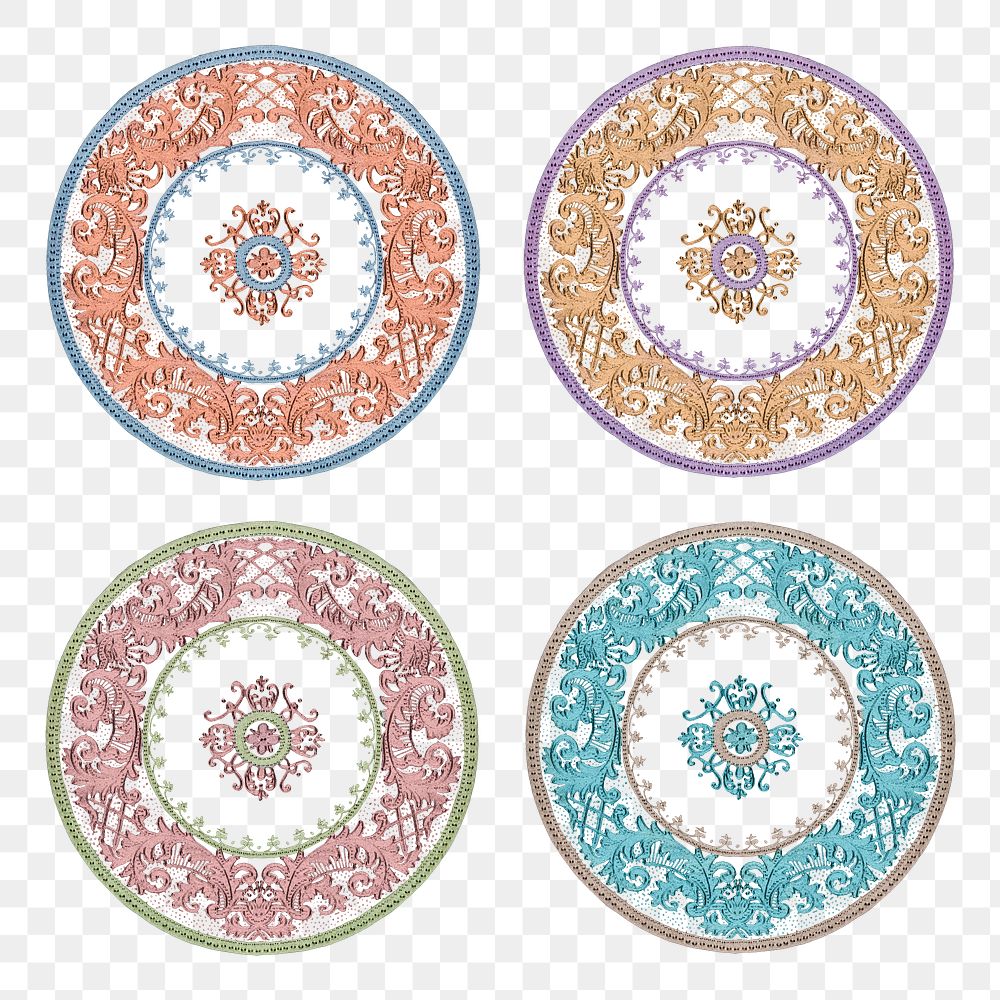 Vintage png floral mandala pattern motif set, remixed from Noritake factory china porcelain tableware design