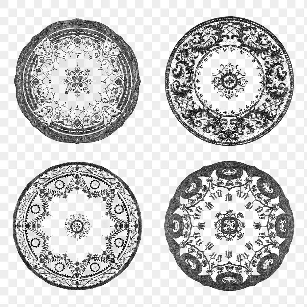 Vintage png black and white mandala motif set, remixed from Noritake factory china porcelain tableware design