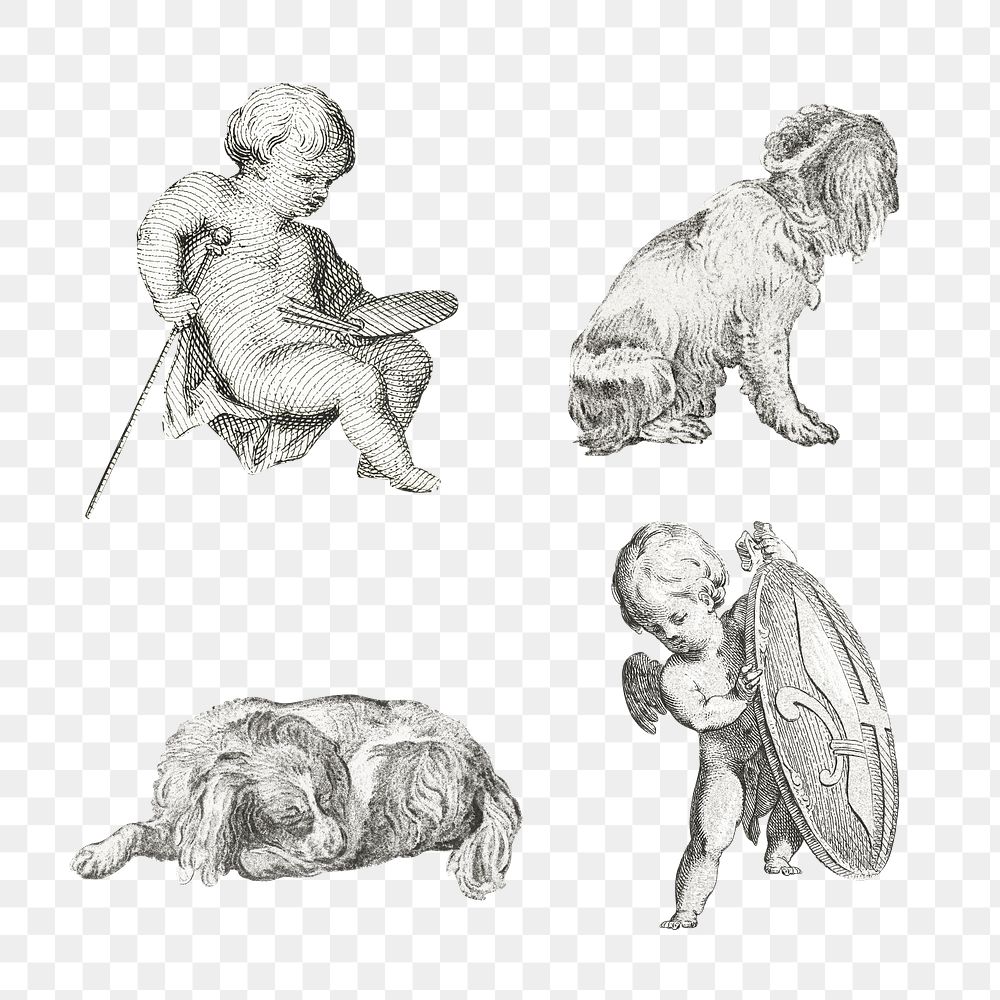 Hand drawn cupid and dog illustration set