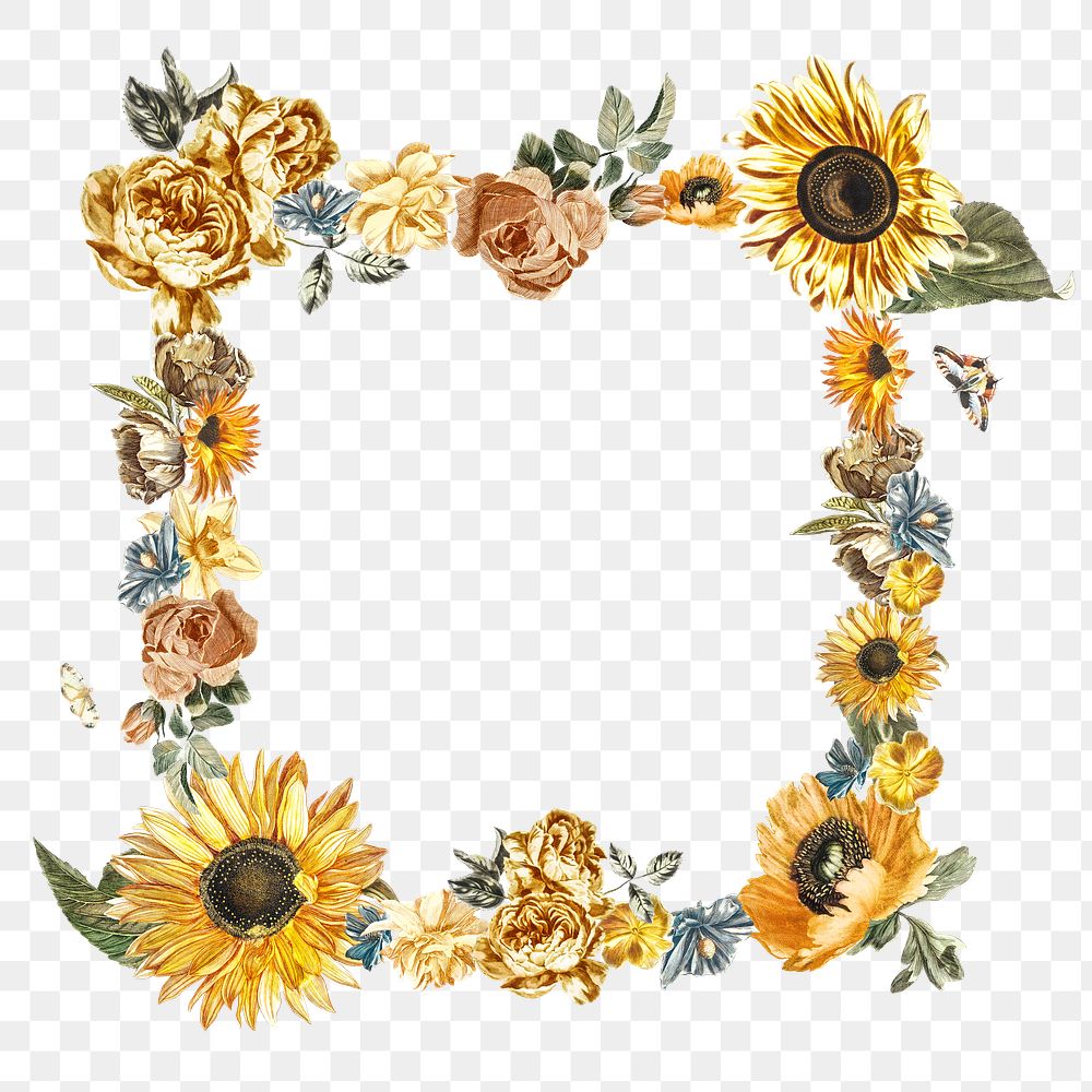 Sunflower floral frame png vintage sticker