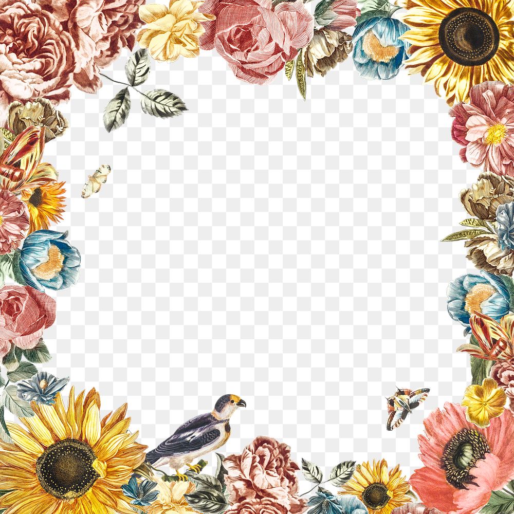 Sunflower floral border frame png vintage sticker