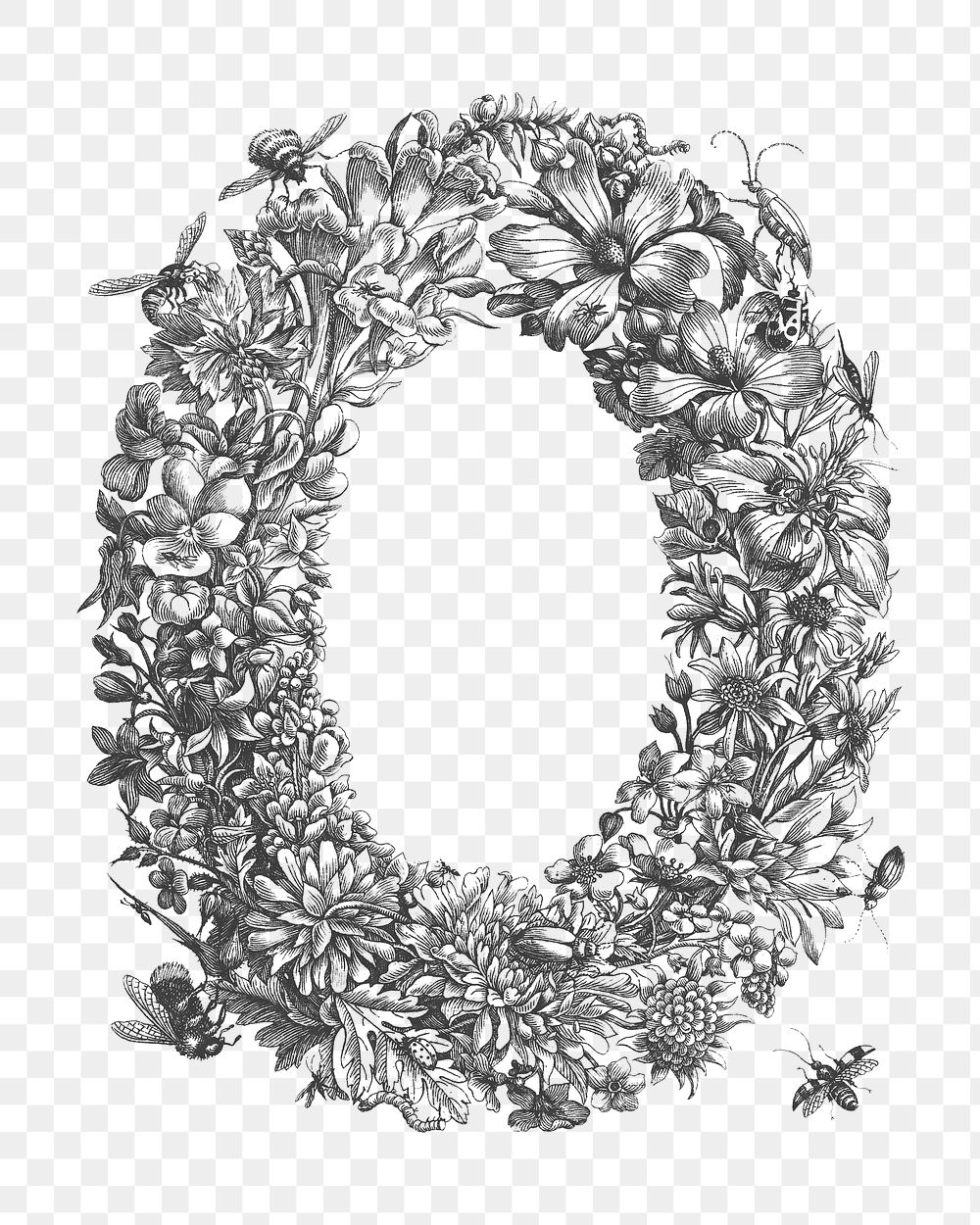 Flower border with insects, bugs and caterpillars vintage illustration transparent png