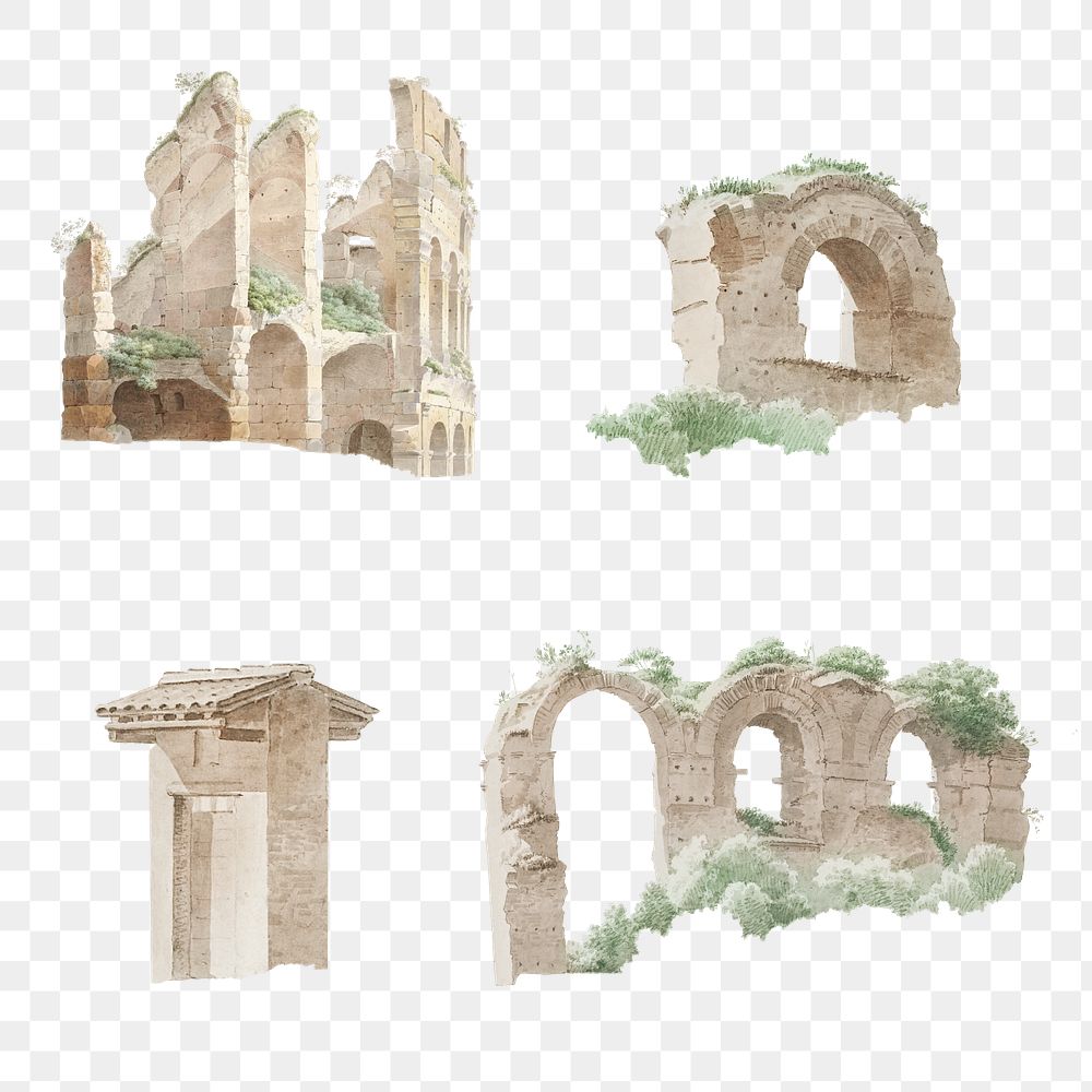 Hand drawn watercolor part of an aqueduct in Rome collection design elements