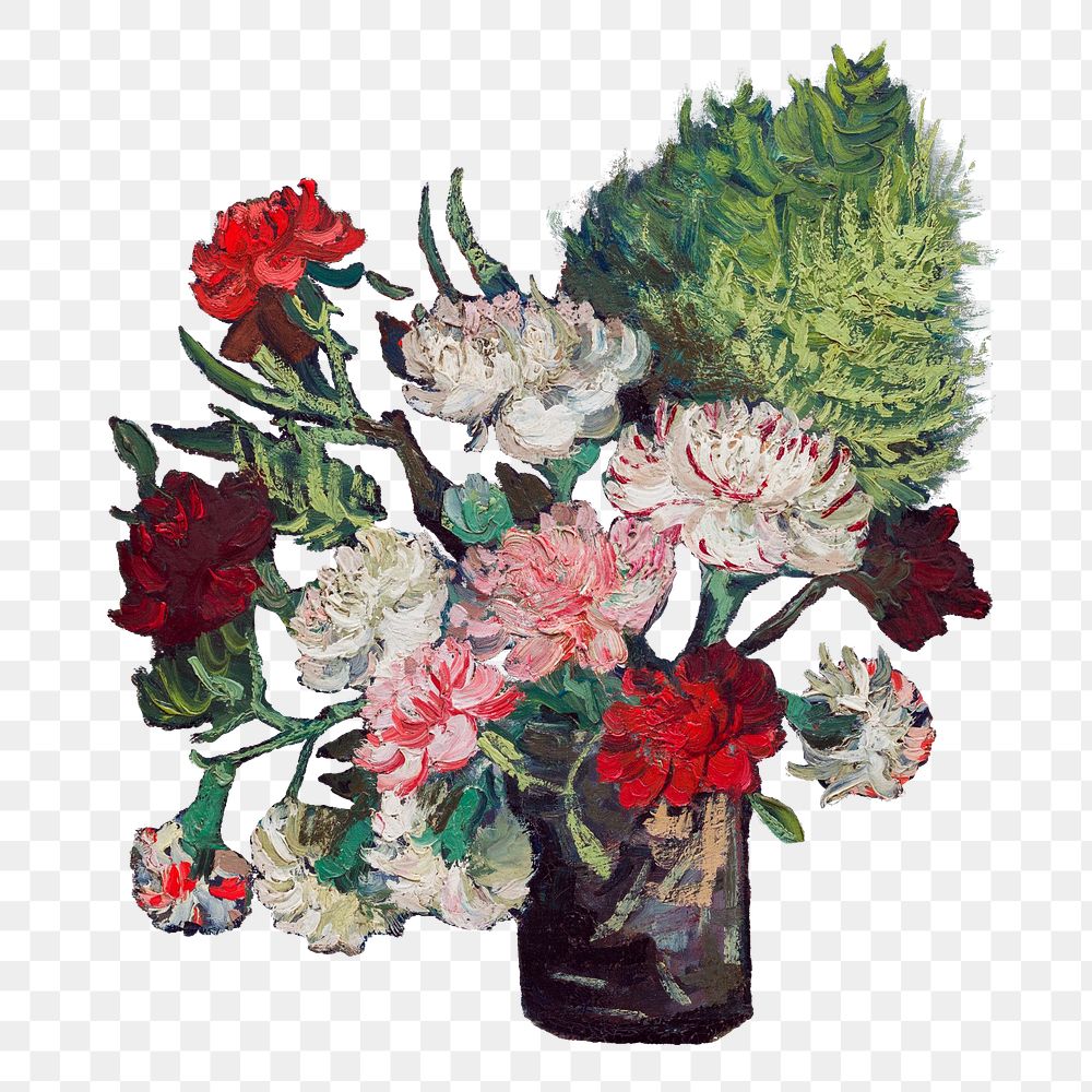 Vase with Carnations png sticker, Van Gogh's flower artwork on transparent background, remastered by rawpixel